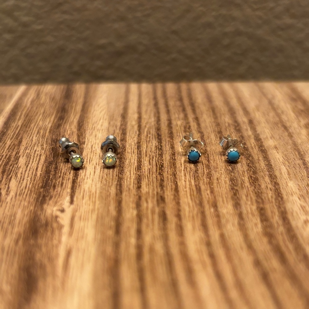 Pair of Small Opal and Turquoise Stud Earrings - Sterling Silver Native